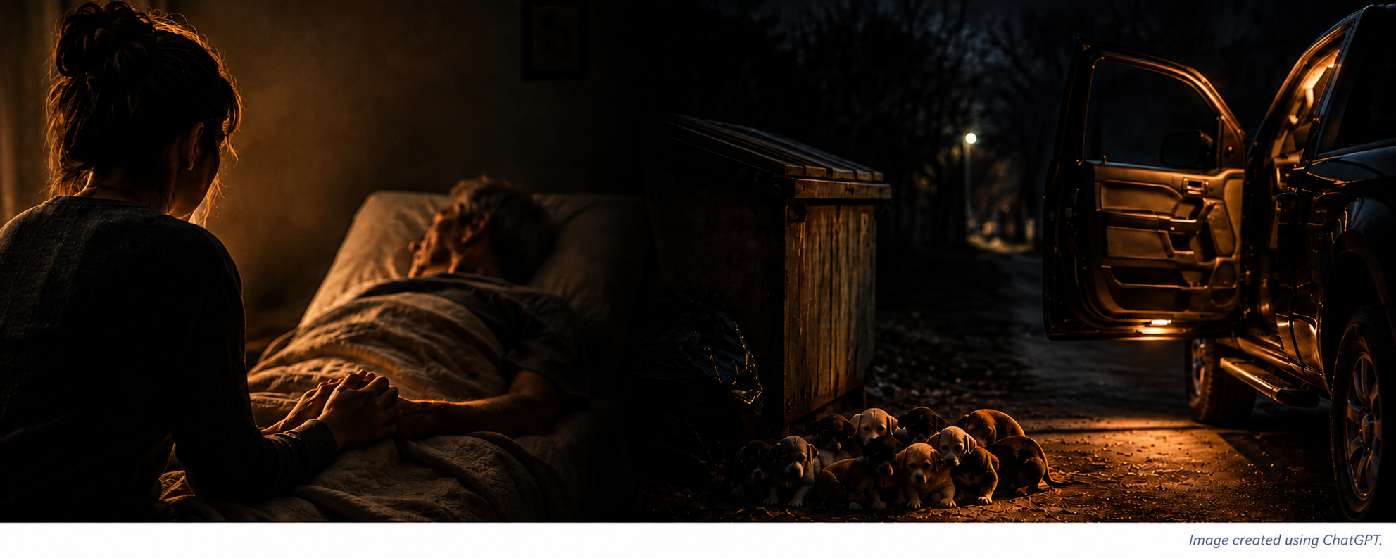 Illustration depicting quiet acts of compassion: a woman keeping vigil beside a hospice bed and abandoned puppies beside a truck at night.