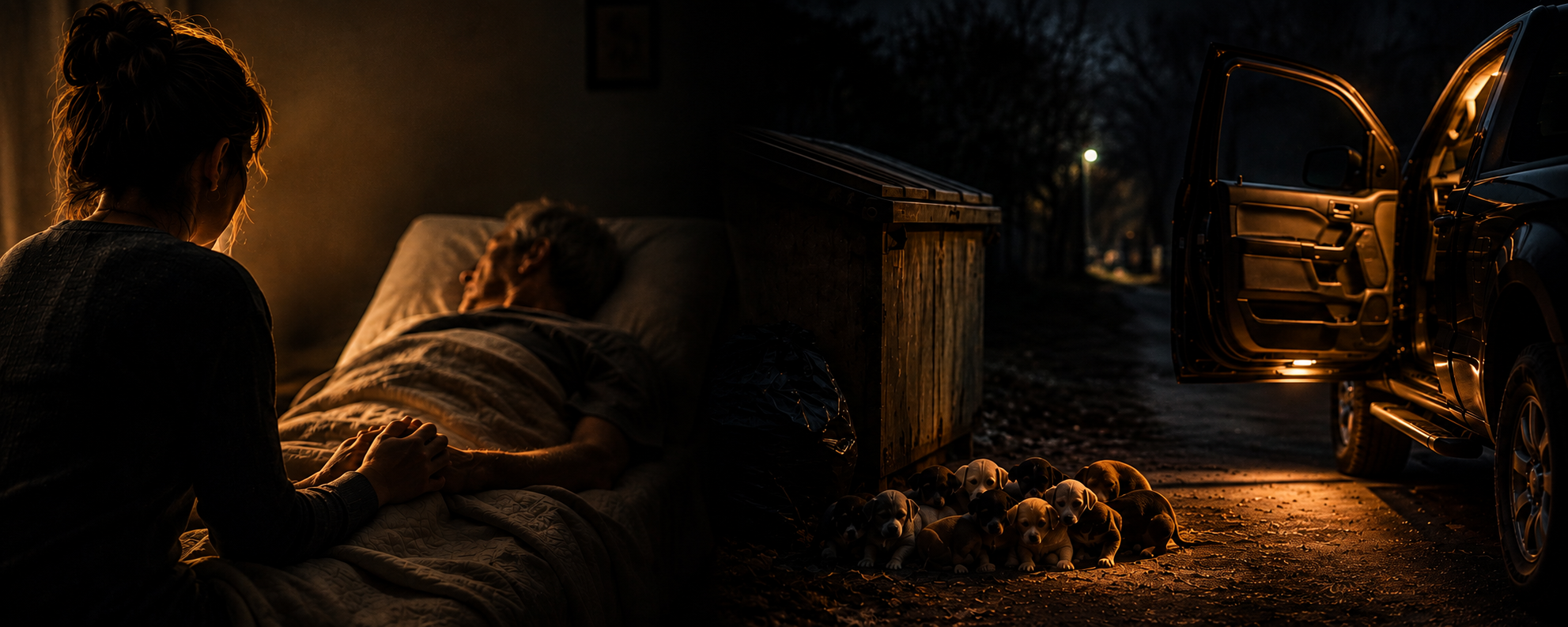 Illustration depicting quiet acts of compassion: a woman keeping vigil beside a hospice bed and abandoned puppies beside a truck at night.