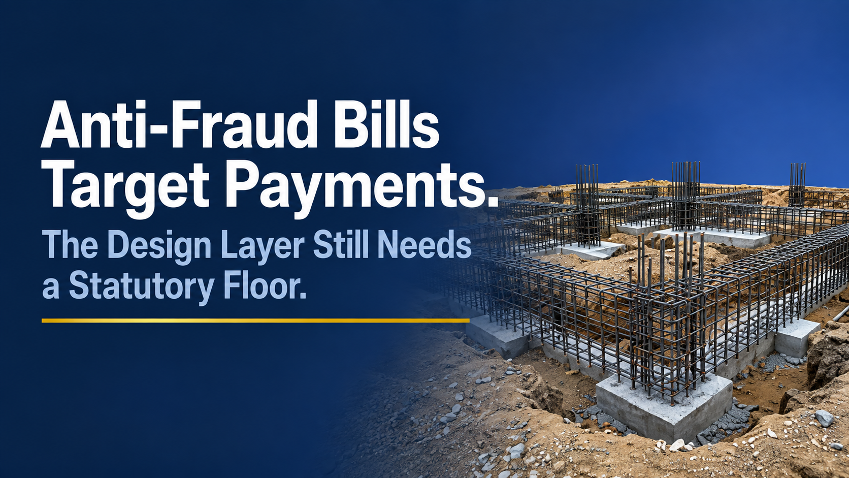 Editorial graphic for “Anti-Fraud Bills Target Payments,” illustrating the program design layer with a building foundation under construction.