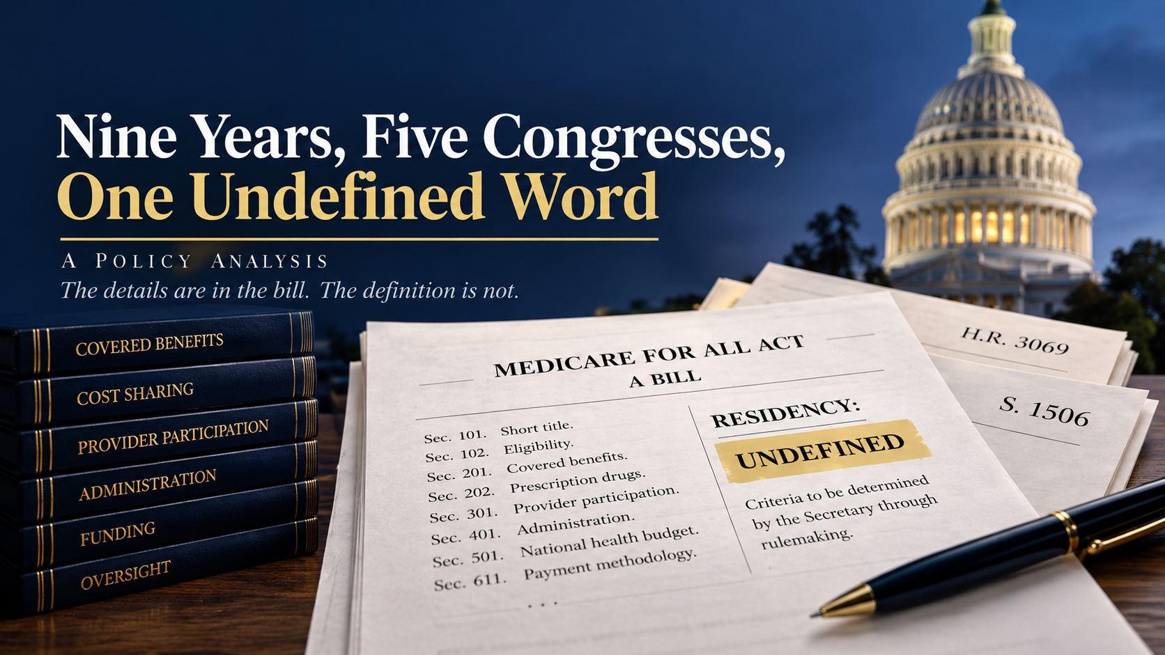 Policy analysis graphic for “Nine Years, Five Congresses, One Undefined Word,” highlighting residency as undefined in Medicare for All legislation.
