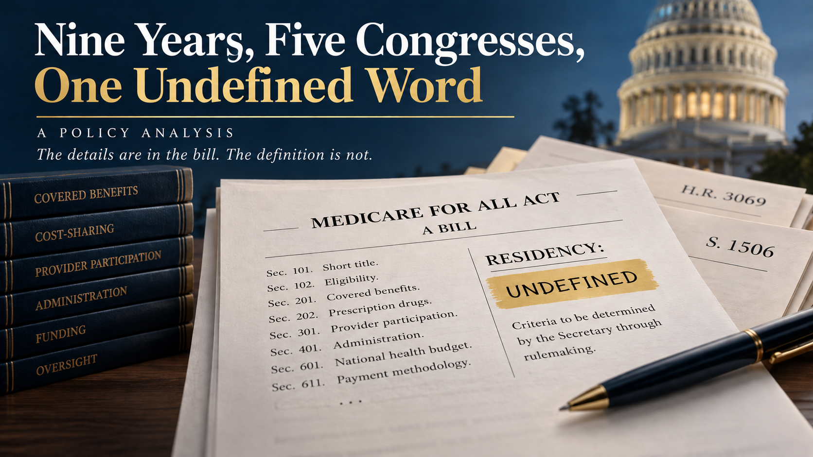 Use: Policy analysis graphic for “Nine Years, Five Congresses, One Undefined Word,” highlighting residency as undefined in Medicare for All legislation.