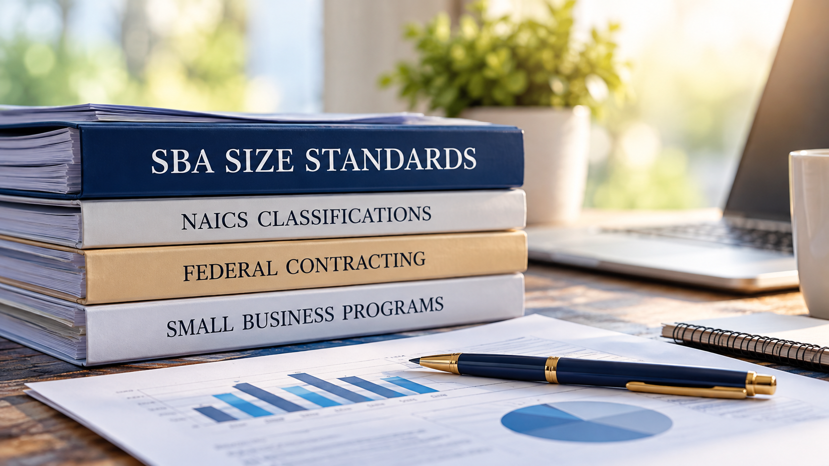 Desk with binders labeled SBA Size Standards, NAICS Classifications, Federal Contracting, and Small Business Programs, alongside charts and a laptop.