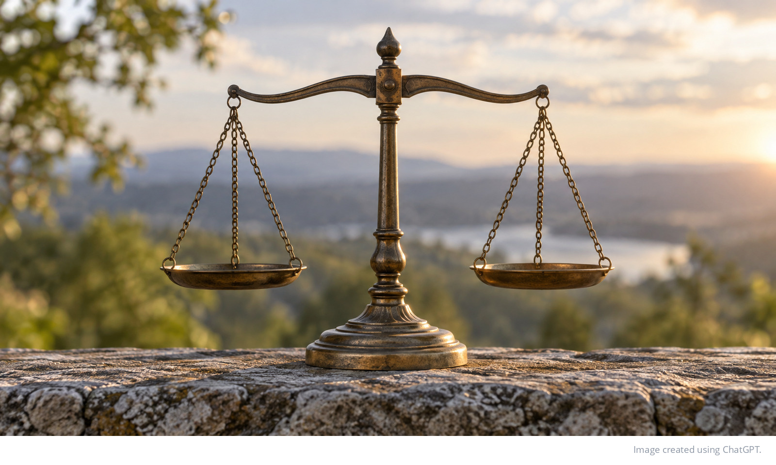 An antique bronze balance scale with evenly balanced pans stands on a stone ledge overlooking a peaceful landscape at sunset, symbolizing fairness and equal standards in judging political violence.