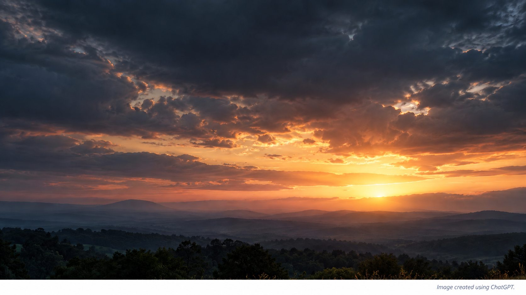 Dramatic sunset breaking through dark storm clouds over layered mountain ridges and a wooded valley.